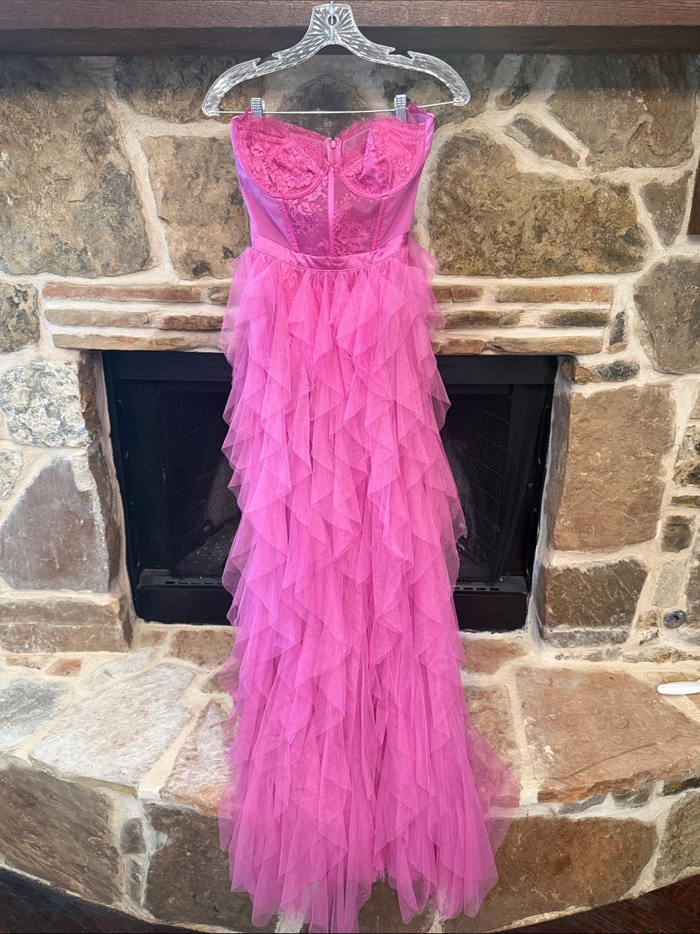 For Love & Lemons Hot Pink Strapless Ruffled Tulle Gown